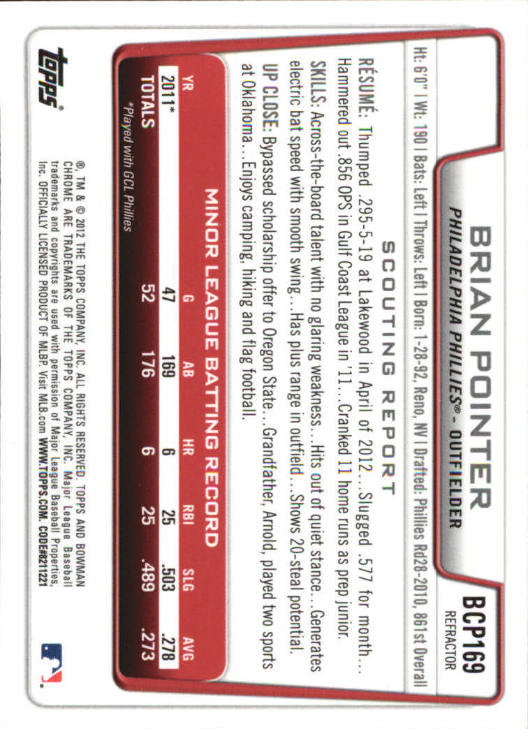 2012 Bowman Chrome Prospects X-Fractors #BCP169 Brian Pointer back image