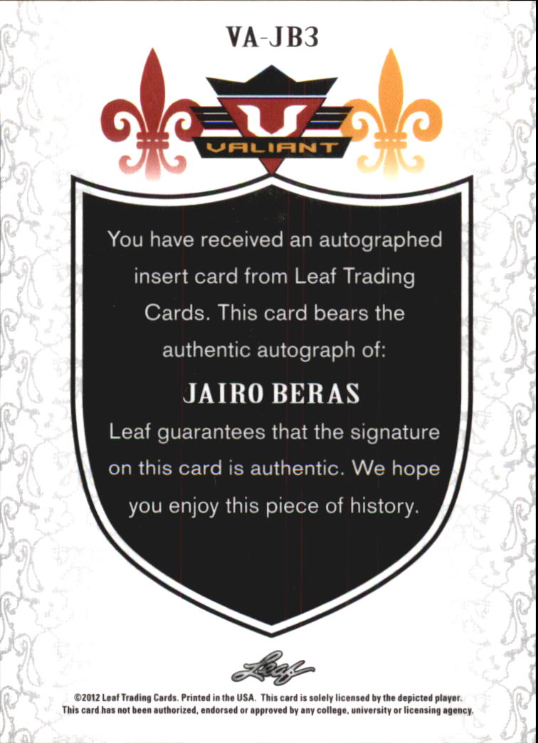 2012 Leaf Valiant Draft #JB3 Jairo Beras back image