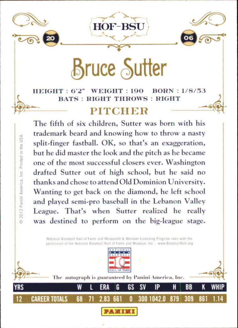 2012 Panini Cooperstown Signatures #49 Bruce Sutter/799 back image