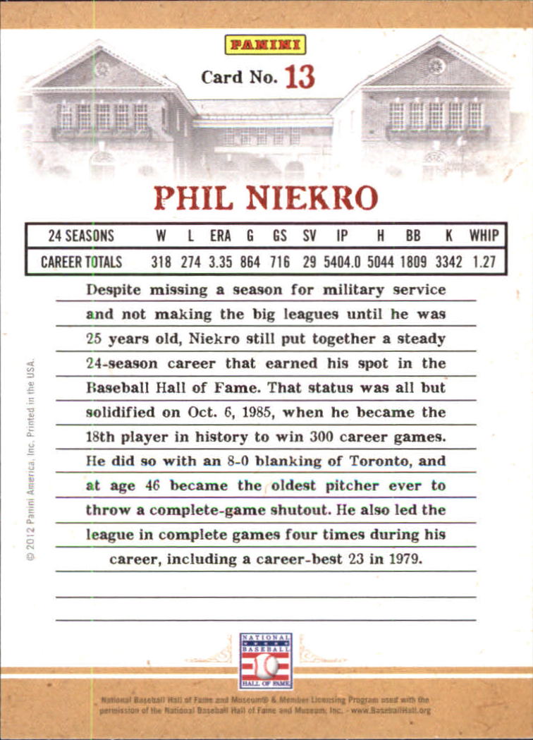2012 Panini Cooperstown Credentials #13 Phil Niekro back image