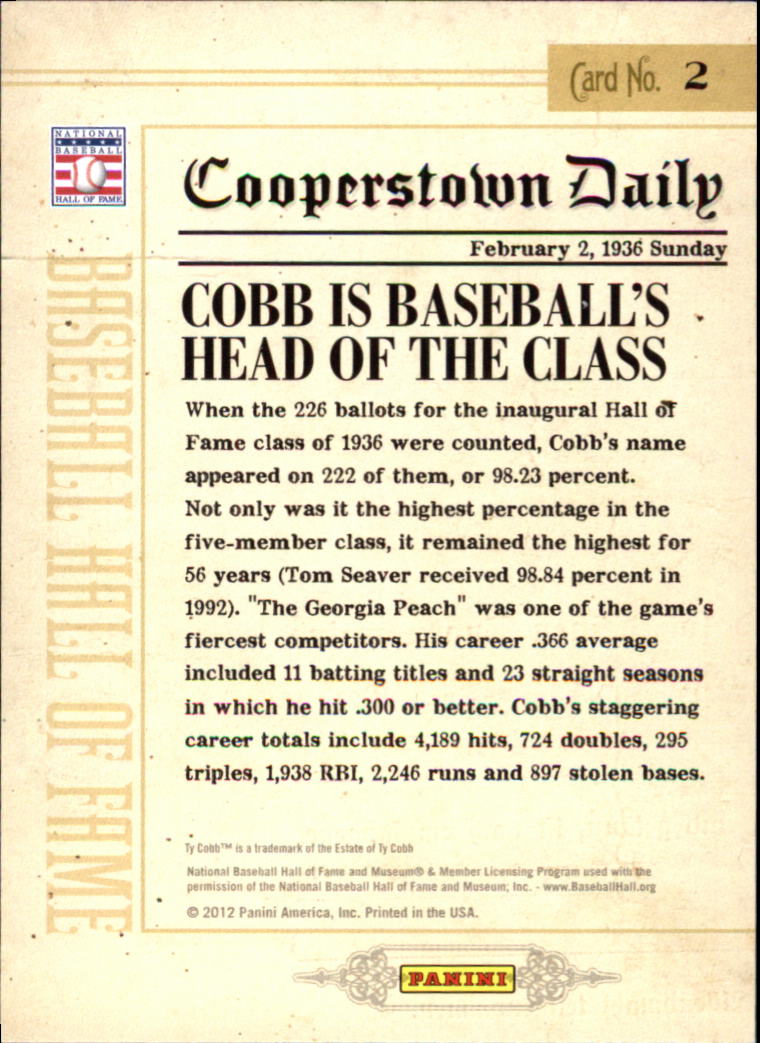 2012 Panini Cooperstown Hall History #2 Ty Cobb back image