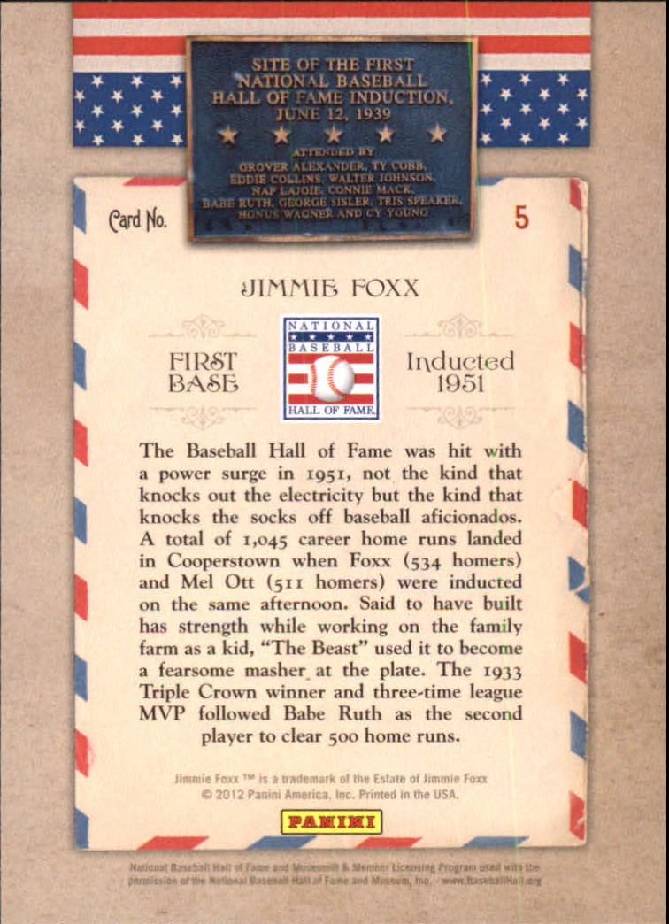 2012 Panini Cooperstown HOF Classes Induction Year #5 Jimmie Foxx back image