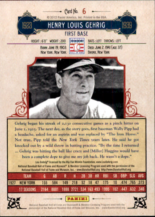 2012 Panini Cooperstown #6 Lou Gehrig back image