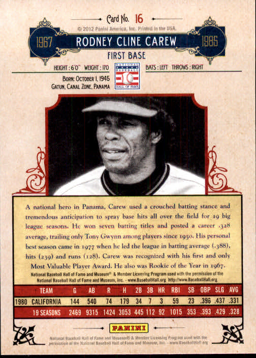2012 Panini Cooperstown #16 Rod Carew back image