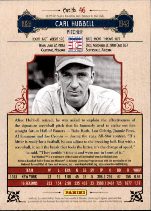 2012 Panini Cooperstown #46 Carl Hubbell back image
