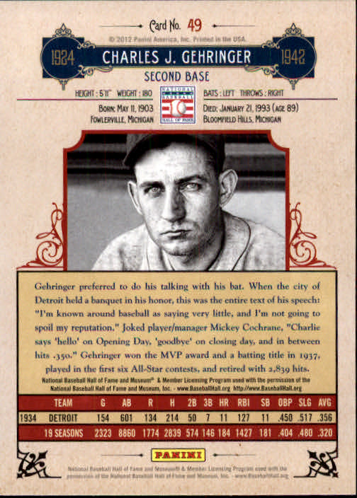 2012 Panini Cooperstown #49 Charlie Gehringer back image