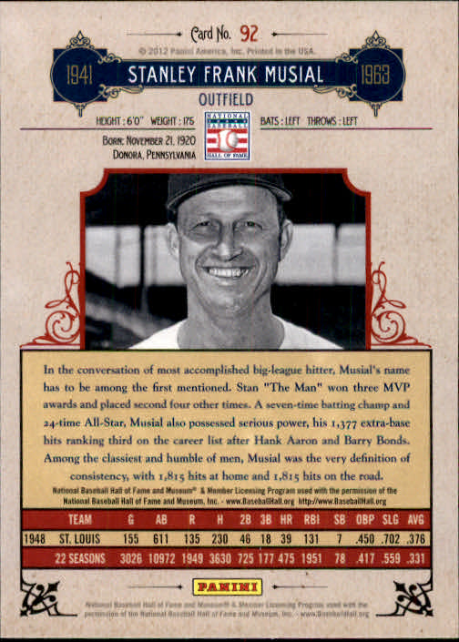 2012 Panini Cooperstown #92 Stan Musial back image