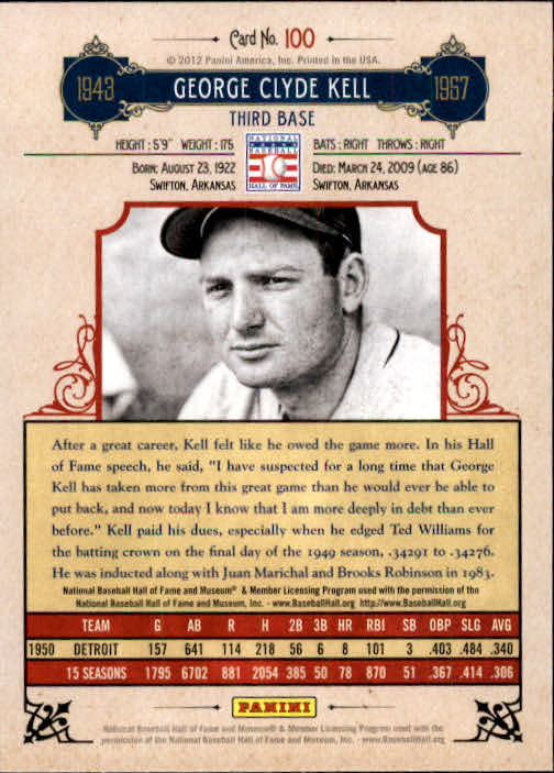 2012 Panini Cooperstown #100 George Kell back image