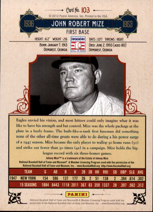 2012 Panini Cooperstown #103 Johnny Mize back image