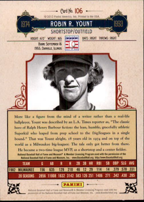 2012 Panini Cooperstown #106 Robin Yount back image