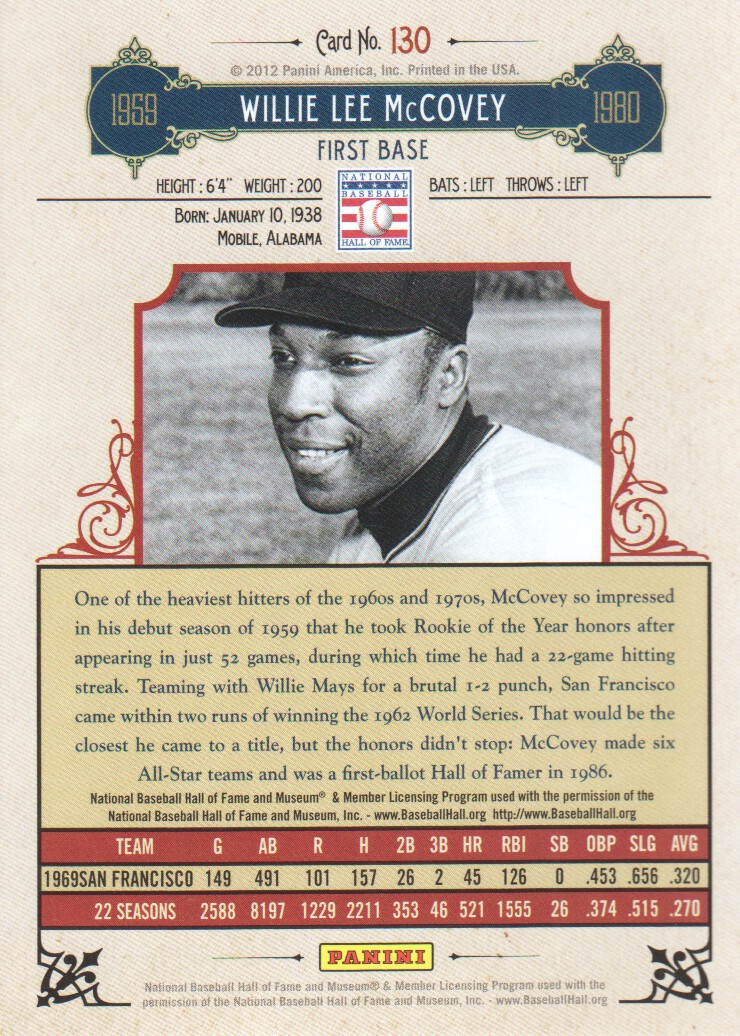 2012 Panini Cooperstown #130 Willie McCovey back image