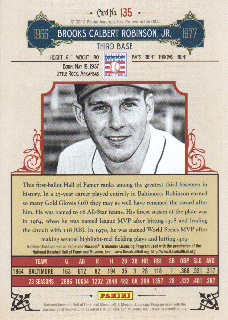 2012 Panini Cooperstown #135 Brooks Robinson back image