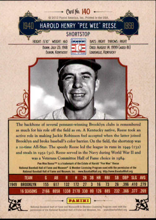 2012 Panini Cooperstown #140 Pee Wee Reese back image