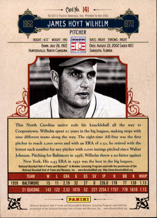 2012 Panini Cooperstown #141 Hoyt Wilhelm back image
