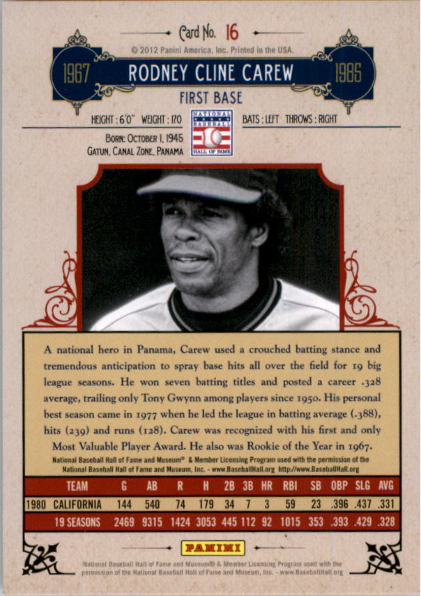 2012 Panini Cooperstown Crystal Collection #16 Rod Carew back image