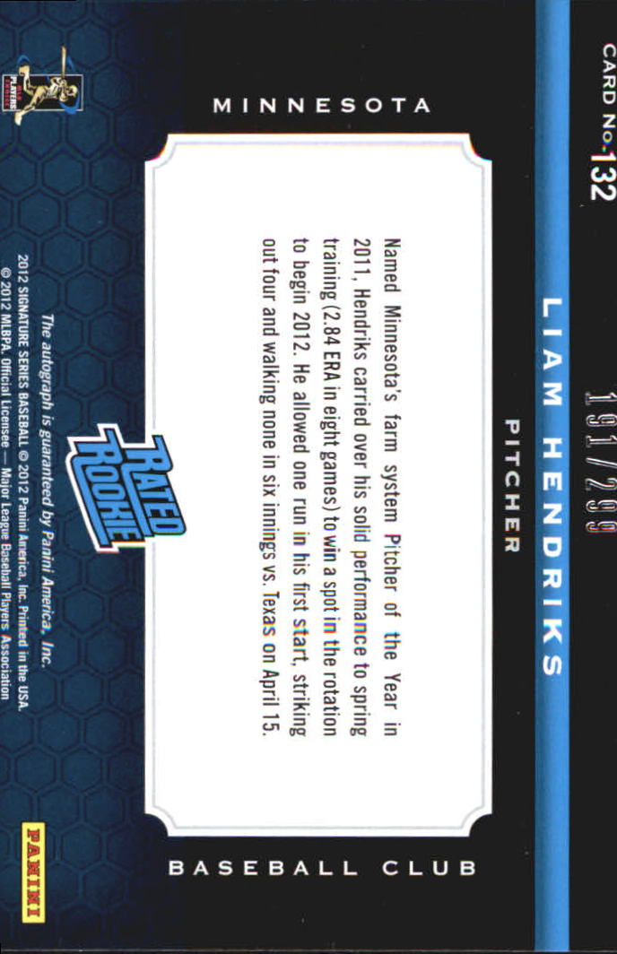 2012 Panini Signature Series Rookie MLBPA Logo #132 Liam Hendriks/299 back image
