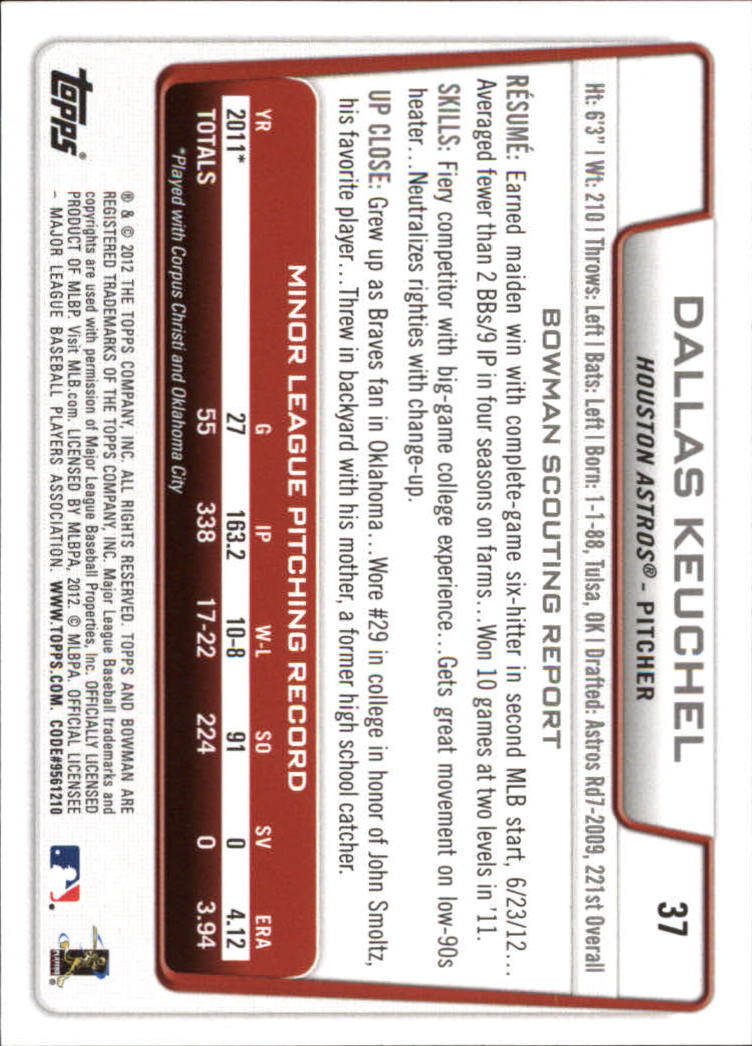 2012 Bowman Draft Silver Ice #37 Dallas Keuchel back image