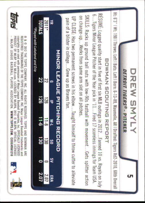 2012 Bowman Draft #5 Drew Smyly RC back image