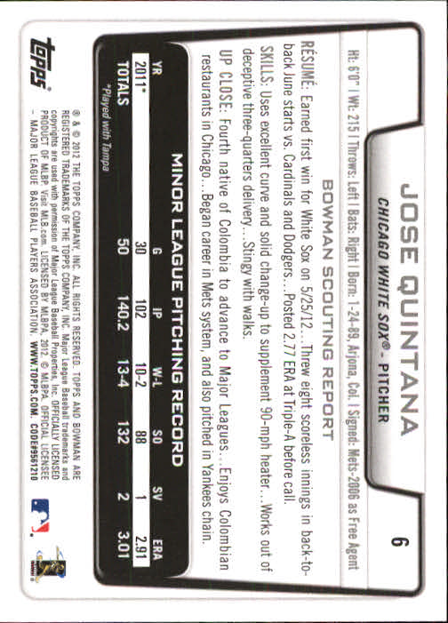 2012 Bowman Draft #6 Jose Quintana RC back image