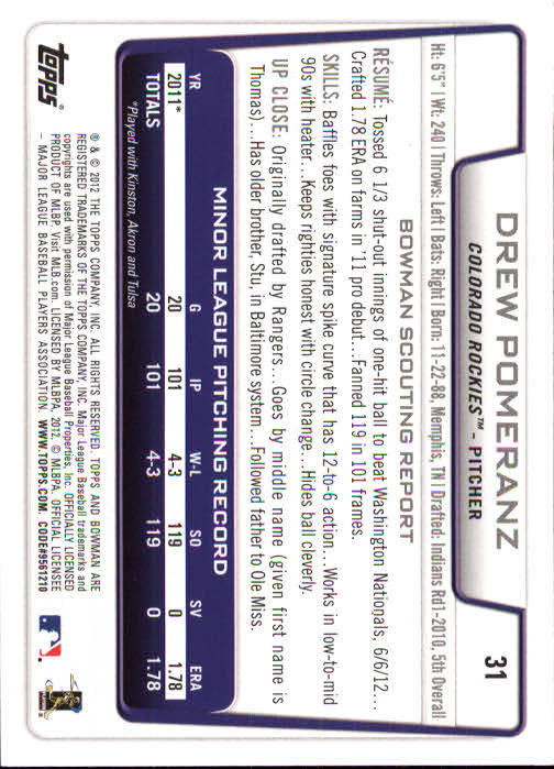 2012 Bowman Draft #31 Drew Pomeranz RC back image