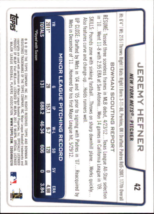 2012 Bowman Draft #42 Jeremy Hefner RC back image