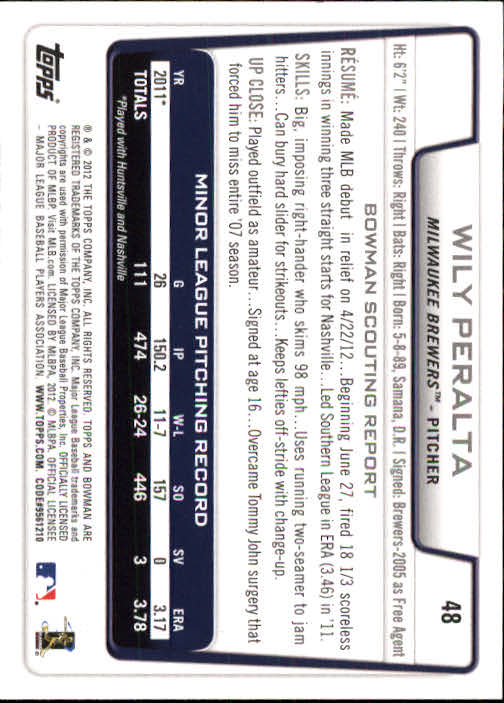 2012 Bowman Draft #48 Wily Peralta RC back image