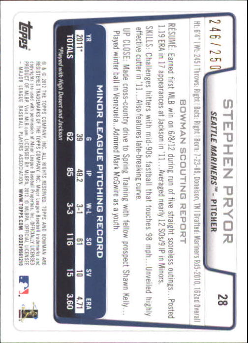 2012 Bowman Draft Orange #28 Stephen Pryor back image