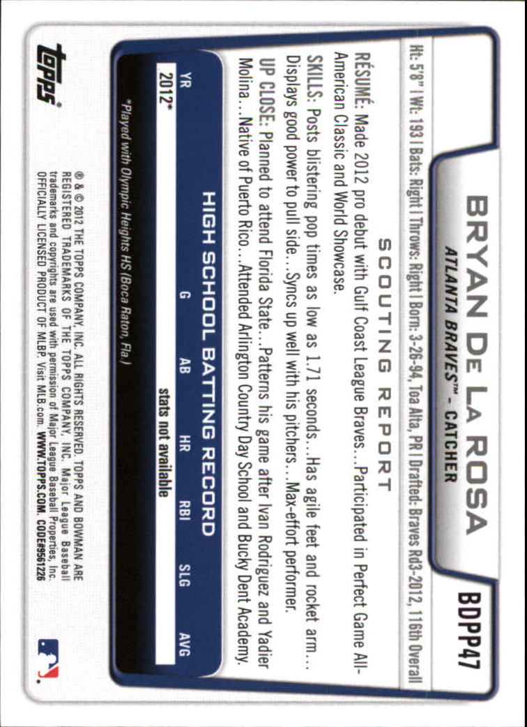 2012 Bowman Draft Draft Picks #BDPP47 Bryan De La Rosa back image
