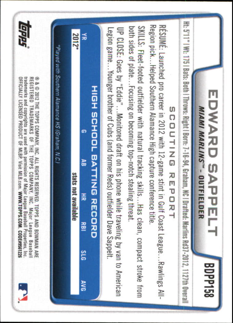 2012 Bowman Draft Draft Picks #BDPP158 Edward Sappelt back image