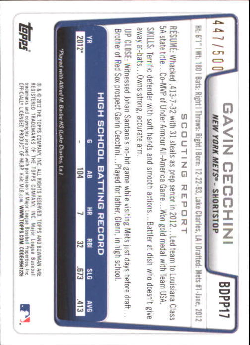 2012 Bowman Draft Draft Picks Blue #BDPP17 Gavin Cecchini back image