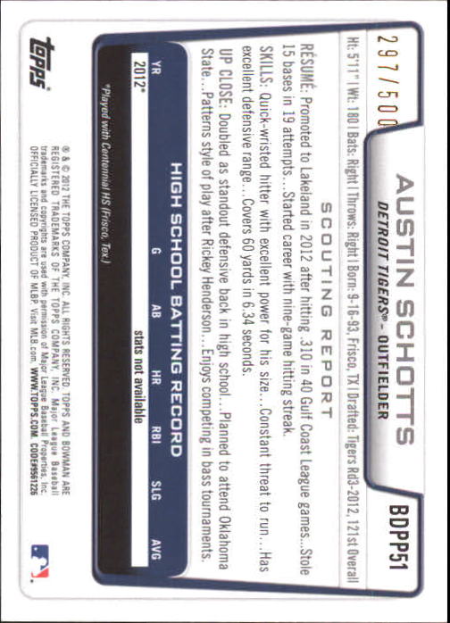 2012 Bowman Draft Draft Picks Blue #BDPP51 Austin Schotts back image