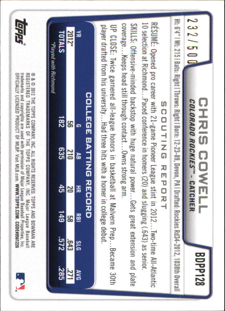 2012 Bowman Draft Draft Picks Blue #BDPP128 Chris Cowell back image