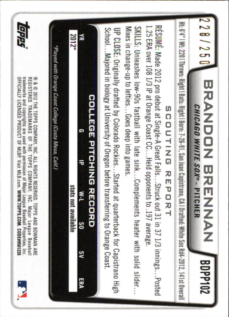 2012 Bowman Draft Draft Picks Orange #BDPP102 Brandon Brennan back image
