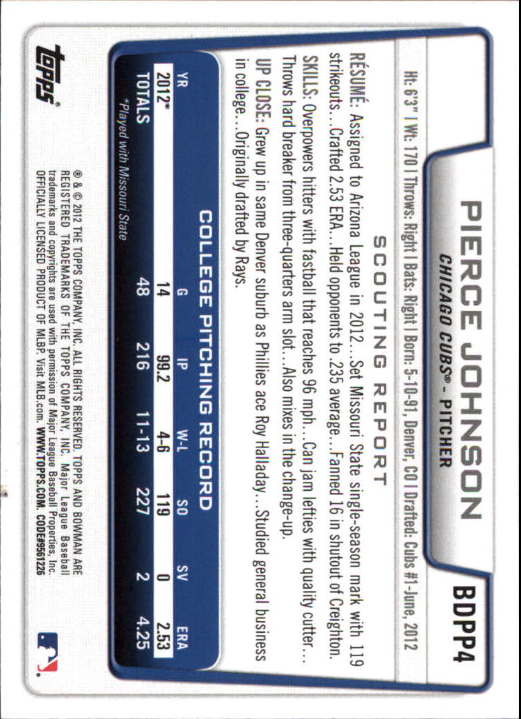 2012 Bowman Draft Draft Picks Silver Ice #BDPP4 Pierce Johnson back image