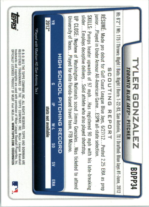 2012 Bowman Draft Draft Picks Silver Ice #BDPP34 Tyler Gonzalez back image