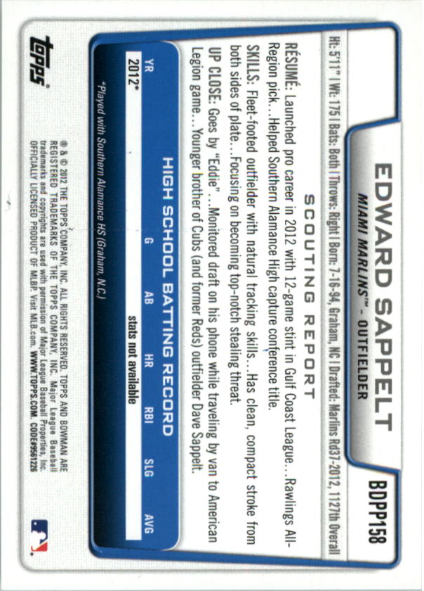 2012 Bowman Draft Draft Picks Silver Ice #BDPP158 Edward Sappelt back image