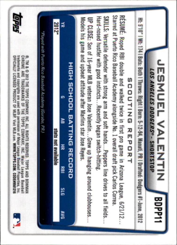 2012 Bowman Chrome Draft Draft Picks #BDPP11 Jesmuel Valentin back image