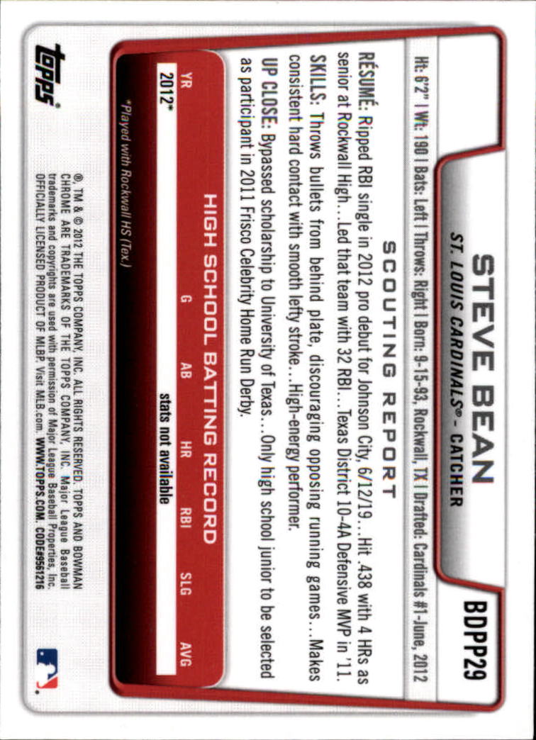 2012 Bowman Chrome Draft Draft Picks #BDPP29 Steve Bean back image