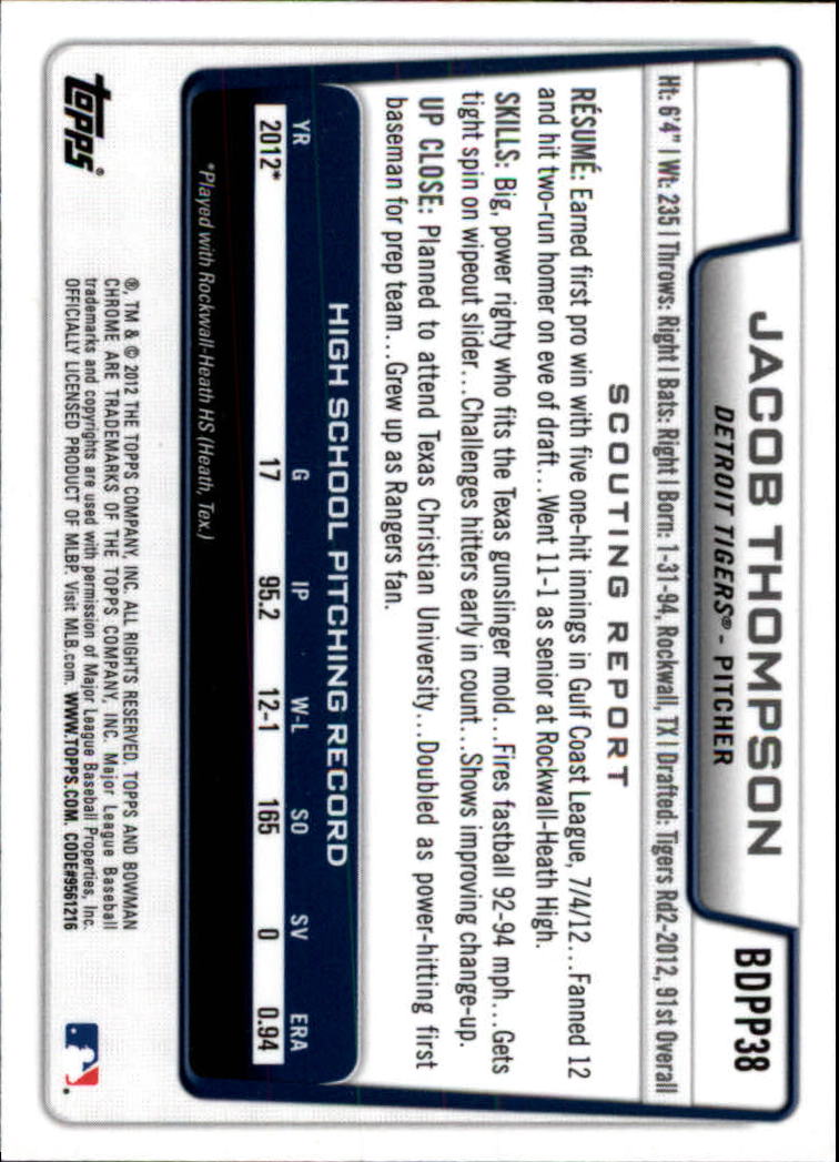 2012 Bowman Chrome Draft Draft Picks #BDPP38 Jacob Thompson back image