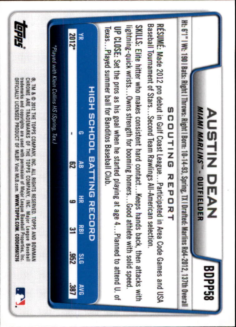 2012 Bowman Chrome Draft Draft Picks #BDPP58 Austin Dean back image