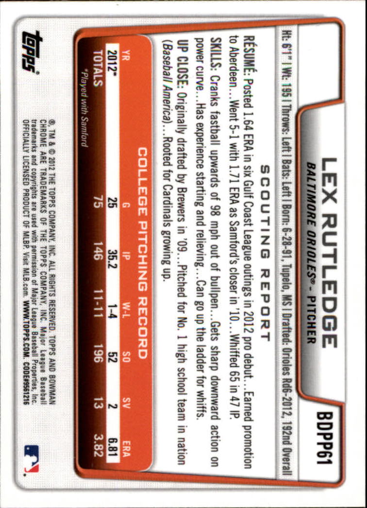 2012 Bowman Chrome Draft Draft Picks #BDPP61 Lex Rutledge back image
