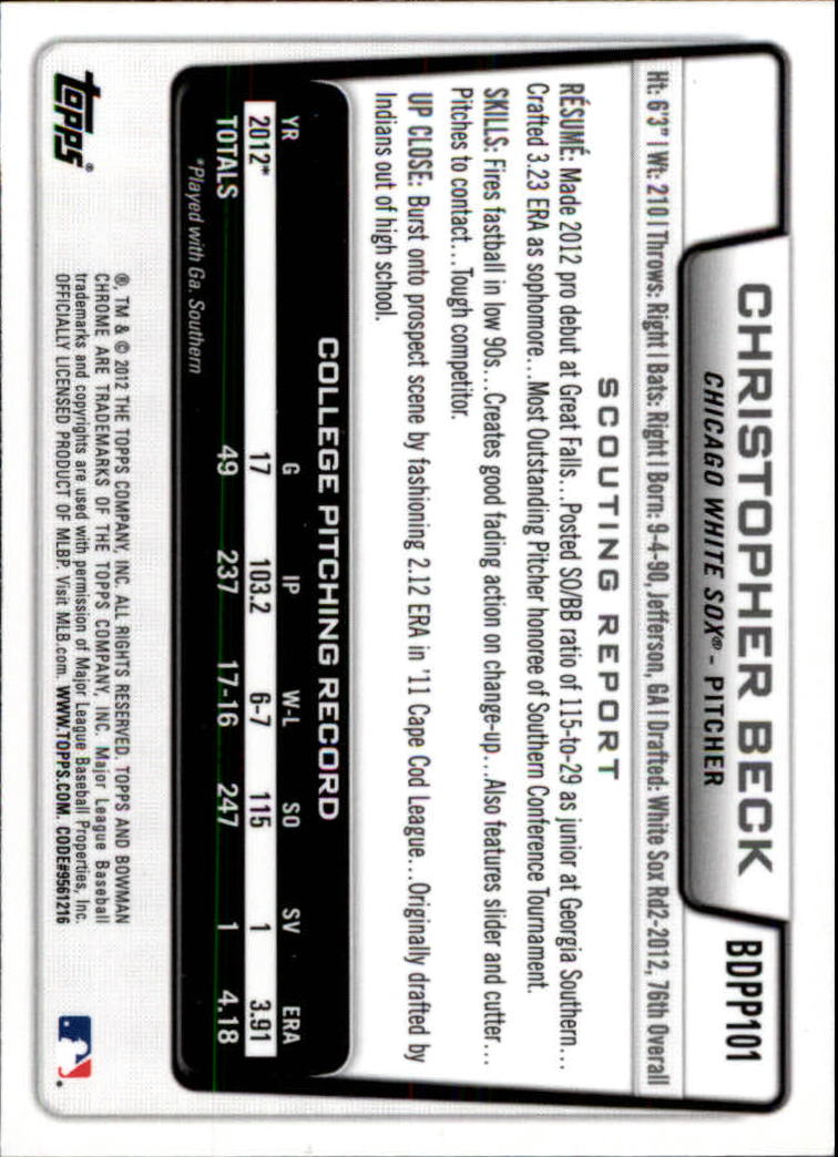 2012 Bowman Chrome Draft Draft Picks #BDPP101 Christopher Beck back image