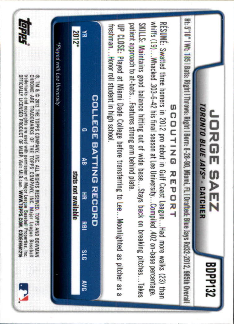 2012 Bowman Chrome Draft Draft Picks #BDPP132 Jorge Saez back image