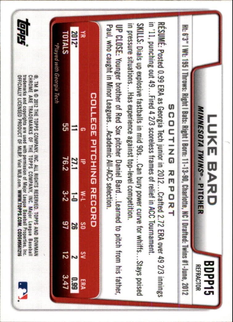 2012 Bowman Chrome Draft Draft Picks Refractors #BDPP15 Luke Bard back image
