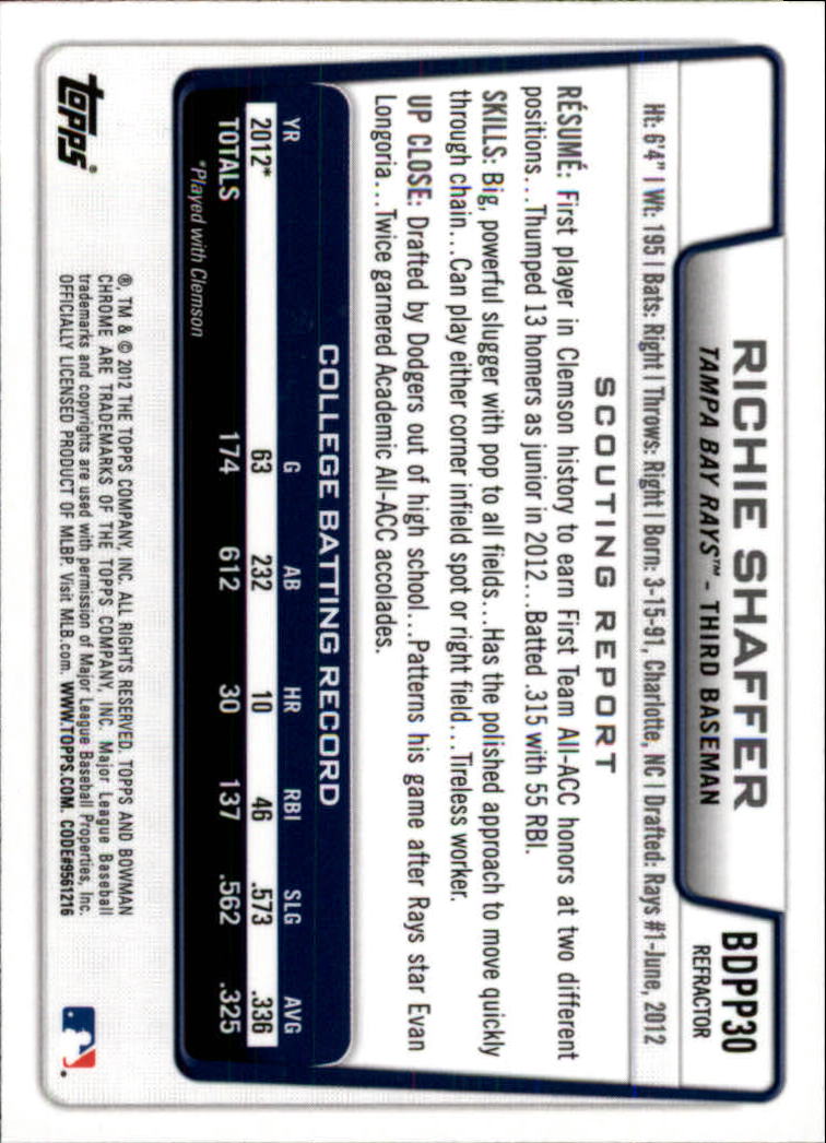2012 Bowman Chrome Draft Draft Picks Refractors #BDPP30 Richie Shaffer back image