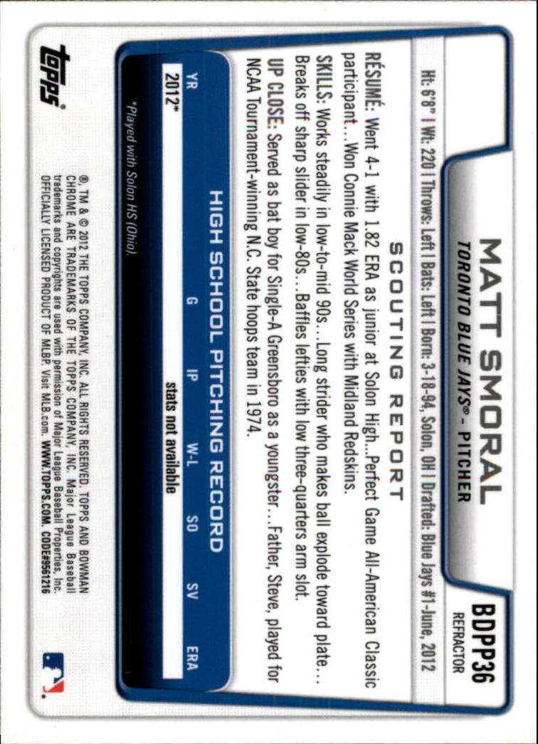 2012 Bowman Chrome Draft Draft Picks Refractors #BDPP36 Matt Smoral back image