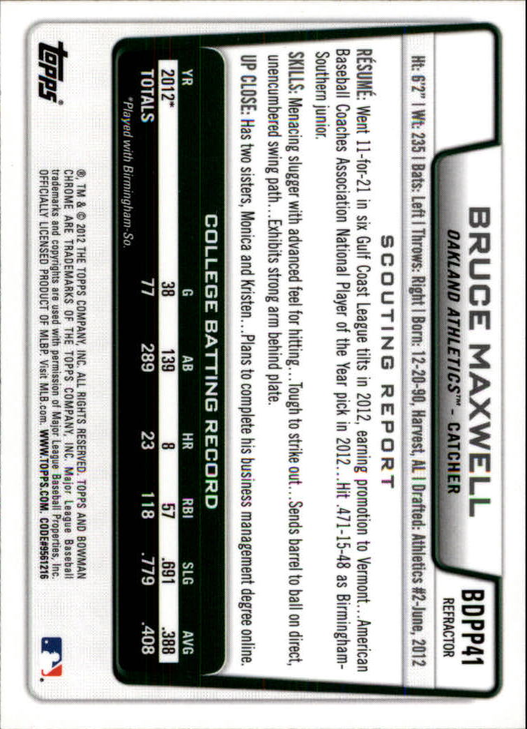 2012 Bowman Chrome Draft Draft Picks Refractors #BDPP41 Bruce Maxwell back image