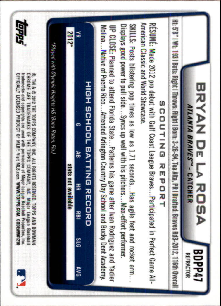2012 Bowman Chrome Draft Draft Picks Refractors #BDPP47 Bryan De La Rosa back image
