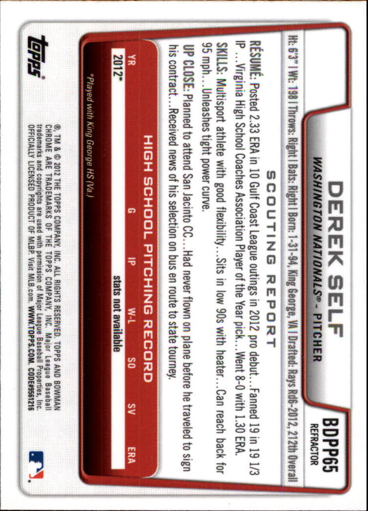2012 Bowman Chrome Draft Draft Picks Refractors #BDPP65 Derek Self back image