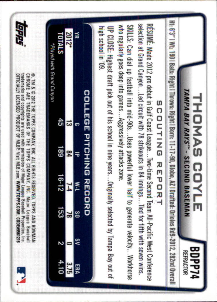 2012 Bowman Chrome Draft Draft Picks Refractors #BDPP74 Thomas Coyle back image